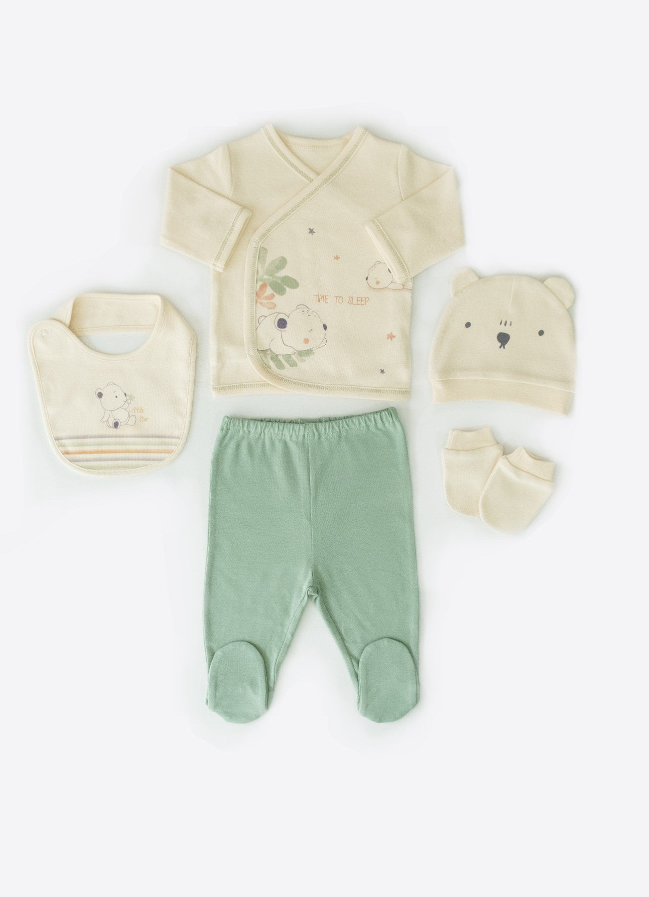 Økologisk Big Bear 5-delt babybodysett naturgrønn